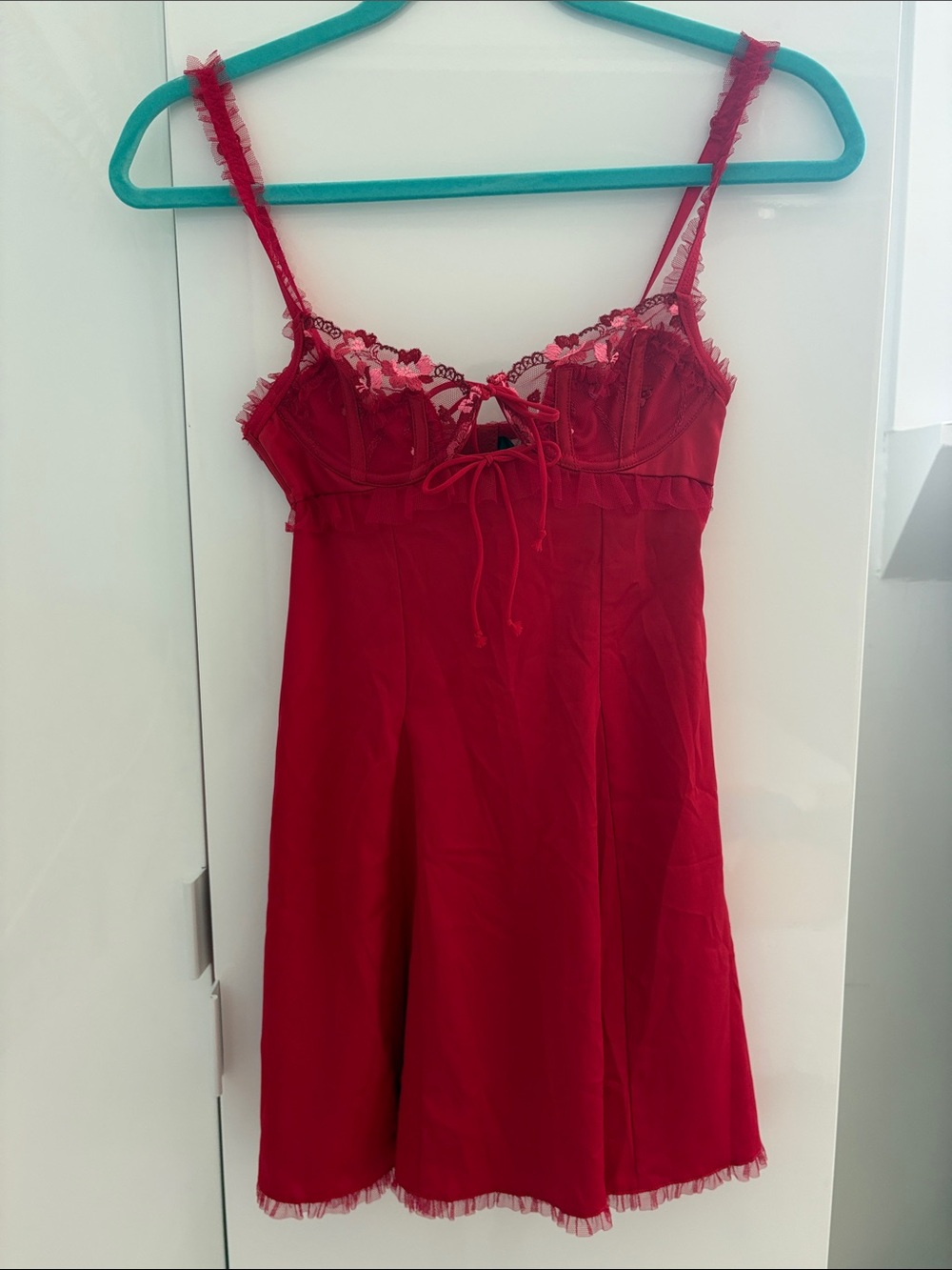 NWOT For Love and Lemons Red Lace-Trim Mini Dress